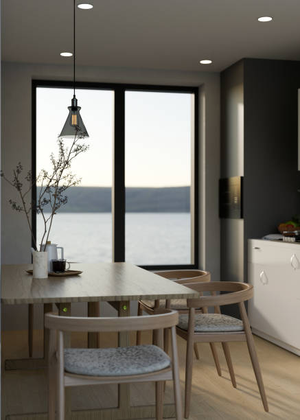 istock Modern contemporary kitchen interior design with wooden dining table set and modern homer decor. 1439948075
