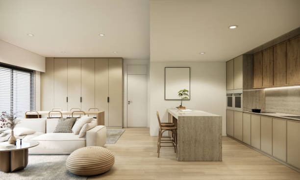 istock 3d rendering mockup modern room interior design and decoration in beige and earth tone furniture and wall color parquet floor, built in kitchen counter and cabinet. 1439949929
