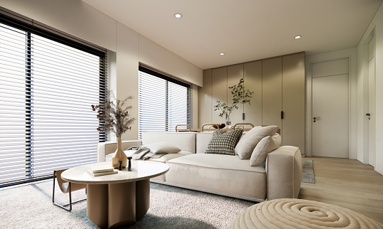 3d rendering mockup modern interior room design and decoration in beige and earth tone color wall and furniture fabric sofa blinds windows.
