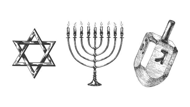 Star of David, Menorah and dredel, set of hand drawn illustrations in vector, Hanukkah symbols background