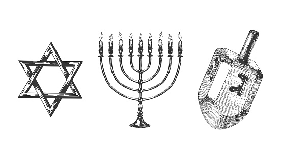 Star of David, Menorah and dredel, set of hand drawn illustrations in vector, Hanukkah symbols background