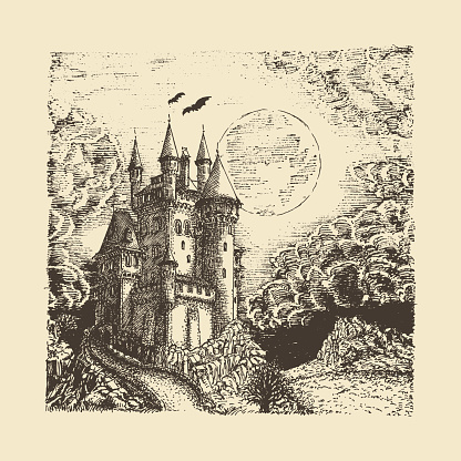 Haunted castle, illustration in engraving style, hand drawn sketch of landscape with gothic lock in vector