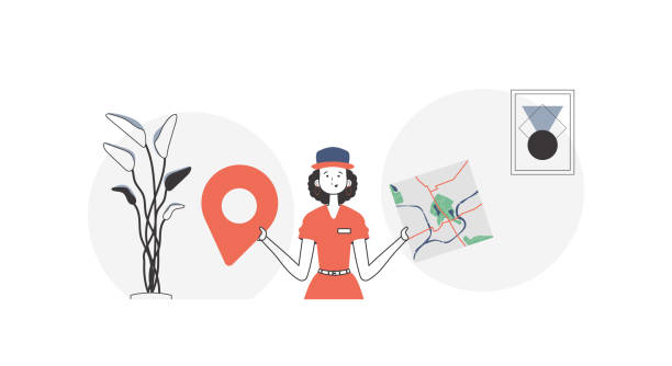 istock A woman with a map in her hands. Delivery concept. Linear trendy style. 1439951880