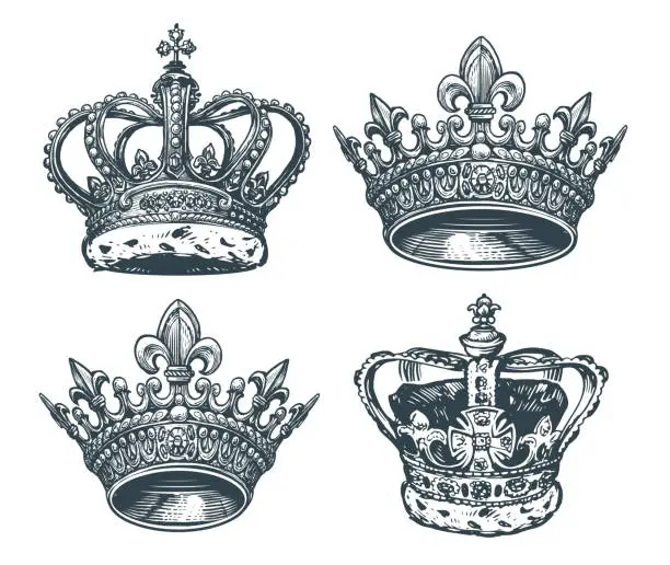 Vector illustration of Royal golden crown with gems. King, queen symbol. Hand drawn sketch vector illustration in vintage engraving style