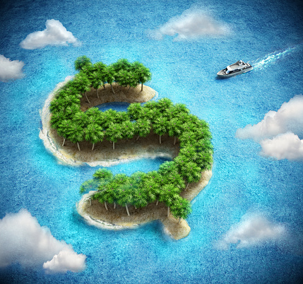 Boat moving to dollar symbol shaped island. Tax haven or financial wealth evasion concept.