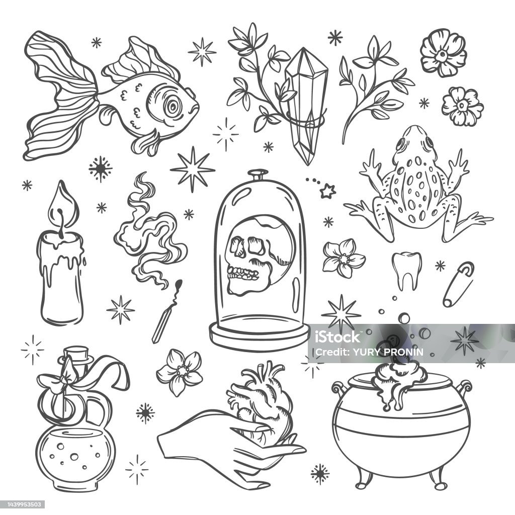 Esoteric Colouring In Esoteric Symbols Monochrome Witchcraft Element Doodle Set Stock ...