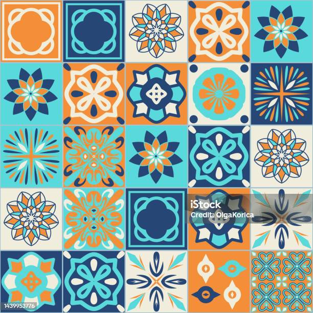 Square Ceramic Tile Design Vector Illustration Trendy Azure Blue Orange