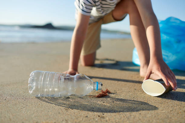 istock Boy picking up waste at beach on sunny day 1439954220