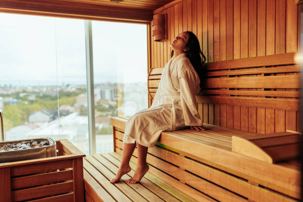 istock Asian woman in sauna. 1439955065