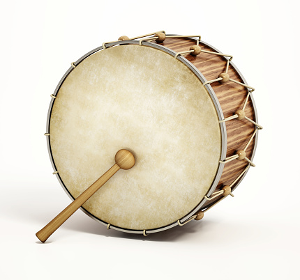 Traditional Ramadan drum and drumstick isolated on white.