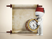 3D cartoon character playing a traditional Ramadan drum with clock. Antique scroll with blank text area