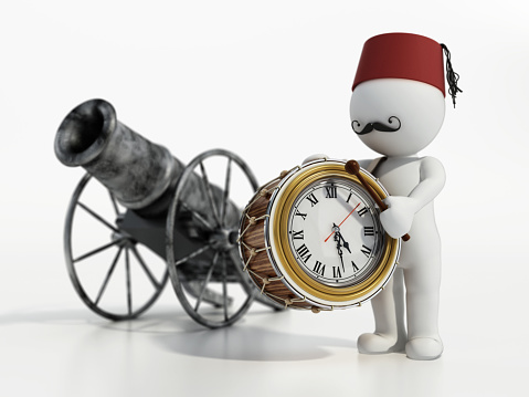 3D cartoon character playing a traditional Ramadan drum with clock stands next to the antique cannon.