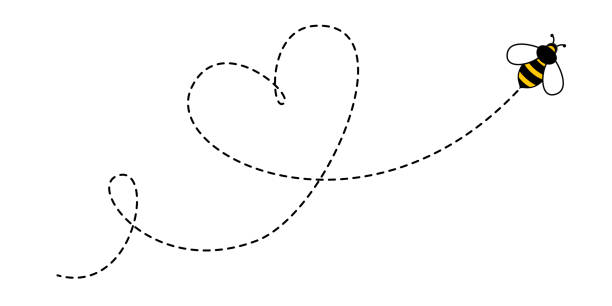 Bee on dotted route flying in heart line. Bumblebee on dotted rout path to destination flight in heart shape, bee funny character in happy buzz Bee on dotted route flying in heart line. Bumblebee on dotted rout path to destination flight in heart shape, bee funny character in happy buzz bee stock illustrations