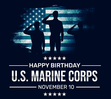 Happy Birthday to US Marine Corps wallpaper with salute and American flag in the backdrop. Observing marine corps birthday, backdrop
