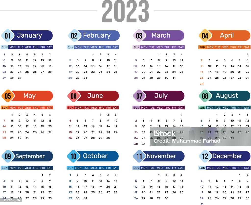 2023 Kompletter Bunter Kalender Im Saisonstil Editierbarer Vektor ...