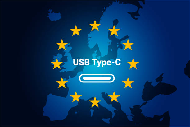 eu(유럽 연합)의 usb-c 장치 케이블 충전기. usb 유형 c 커넥터 아이콘은 파란색 지도와 유럽의 국기입니다. 벡터 그림 배경 - europe european community star shape backgrounds stock illustrations