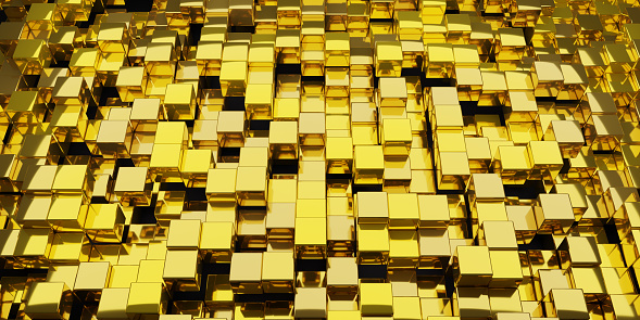 3D rendering background of golden random shuffled cubes. Top view