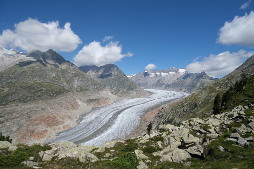 Aletsch glacier panorama from Jungfraujoch Switzerland looking towards the Dreieckhorn in the centre the Aletschhorn on the right the Eggishorn in the near distance and the Pizzo Cervandone and the Helsenhorn in the far distance