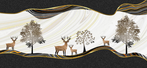 istock 3d art mural wall decor wallpaper. white marble background, brown deer, and trees. canvas frame on walls. 1439958867
