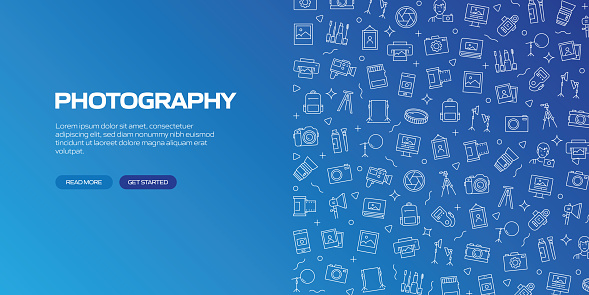 PHOTOGRAPHY Web Banner with Linear Icons, Trendy Linear Style Vector
