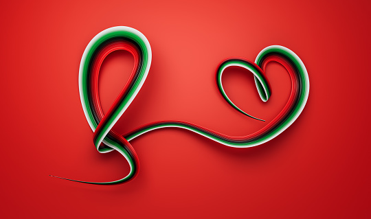 United Arab Emirates flag heart shaped wavy ribbon red Background. 3d illustration