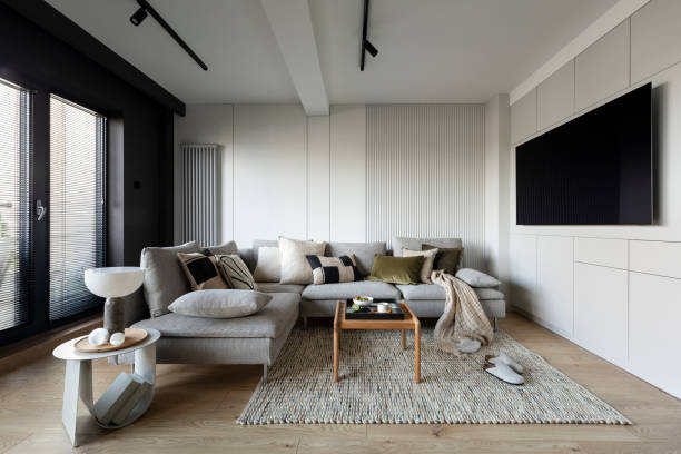istock Creative composition of living room interior with modern gray sofa, wooden coffee table, structual carpet, patterned pillows, books, stylish marble lamp, wooden trace, tv and personal accessories. Home decor. Template. 1439960794