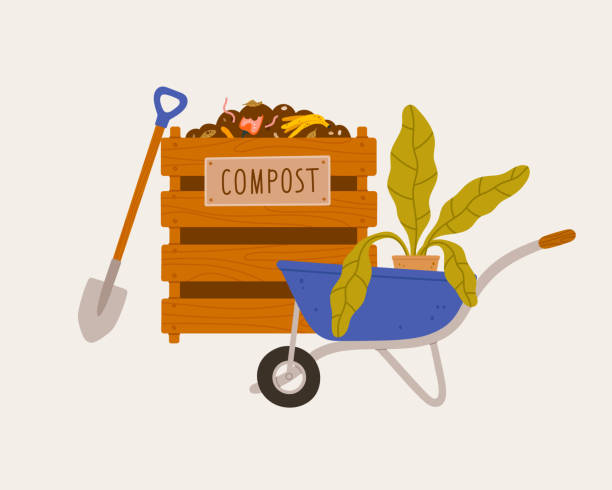 ilustrații de stoc cu compost bin, ghiveci de flori, lopată, plante de apartament, roabă. - compostable