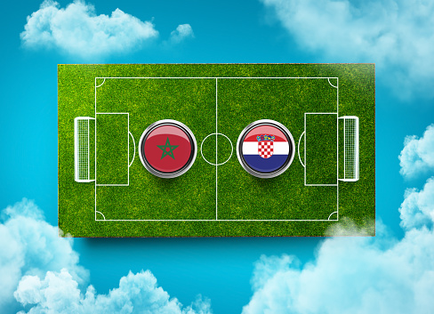 Morocco vs Croatia Versus screen banner Soccer concept. football field stadium, 3d illustration