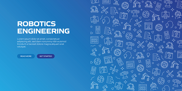 ROBOTICS ENGINEERING Web Banner with Linear Icons, Trendy Linear Style Vector
