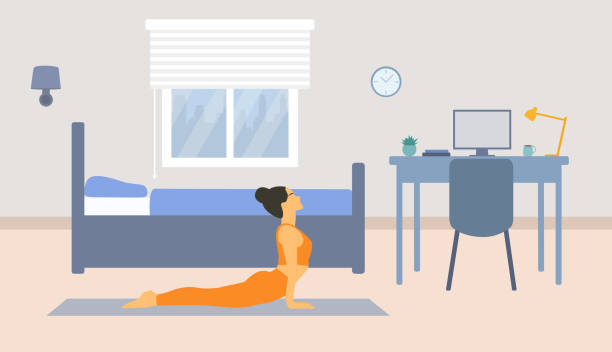그녀의 방에서 요가를 연습하는 젊은 여자 - yoga posture women flexibility stock illustrations