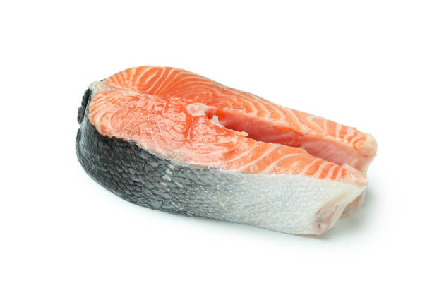 istock Fresh raw salmon isolated on white background 1439962351