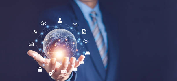 istock Hand holding virtual Global Internet connection metaverse. Business global internet connection application technology and digital marketing, Financial and banking, Digital link tech, big data. 1439962571