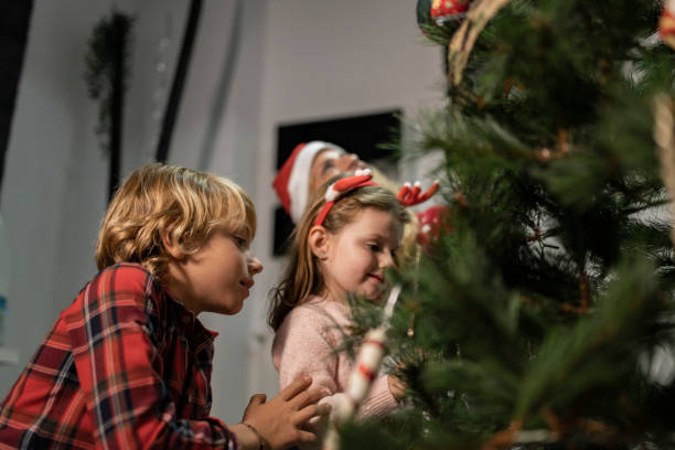 istock Little girl decorating Christmas tree while her older brother is watching her. Focus o caucasian boy 1439962653