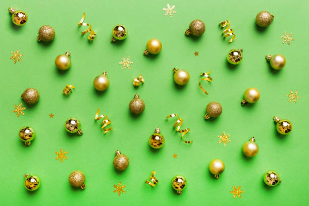 istock Christmas composition. a pattern of christmas balls on colored background. Flat lay, top view New year decor 1439962799