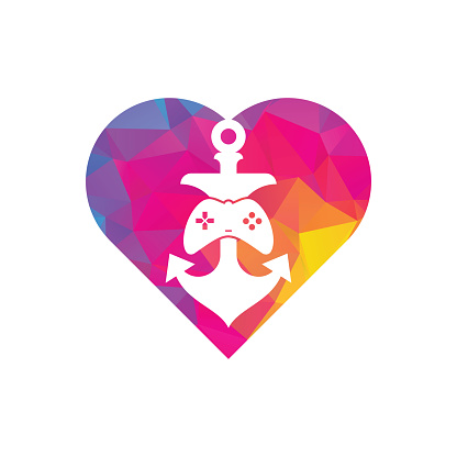 Game anchor heart shape concept logo template. Joystick and anchor logo. Joystick and anchor icon.