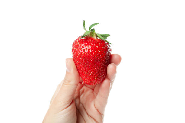 istock Female hand holds fresh strawberry, isolated on white background 1439964214