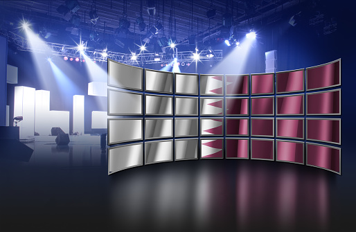 Video wall with TV Screens showing qatari flag in Studio broadcasting