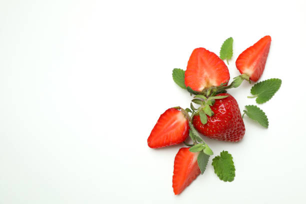 istock Fresh tasty strawberry with leaves on white background 1439964403