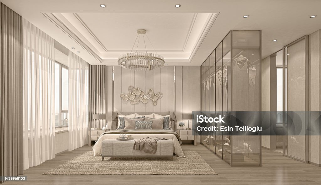 3d render. Modern bedroom interior. Bedroom Stock Photo