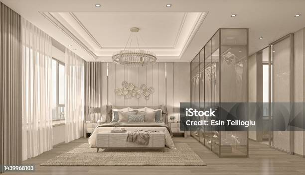 3d Render Modern Bedroom Interior Stock Photo - Download Image Now - Bedroom, Luxury, Hotel