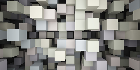 3D rendering wallpaper background of light-colored random shuffled cubes in space