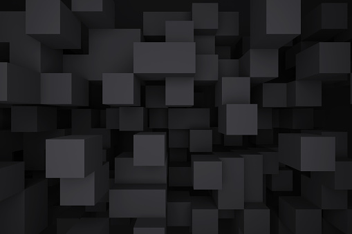 3d rendering abstract background of randomly positioned black cubes. Top view