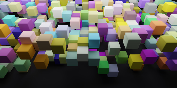 3d rendering abstract background of randomly positioned multi-colored cubes.