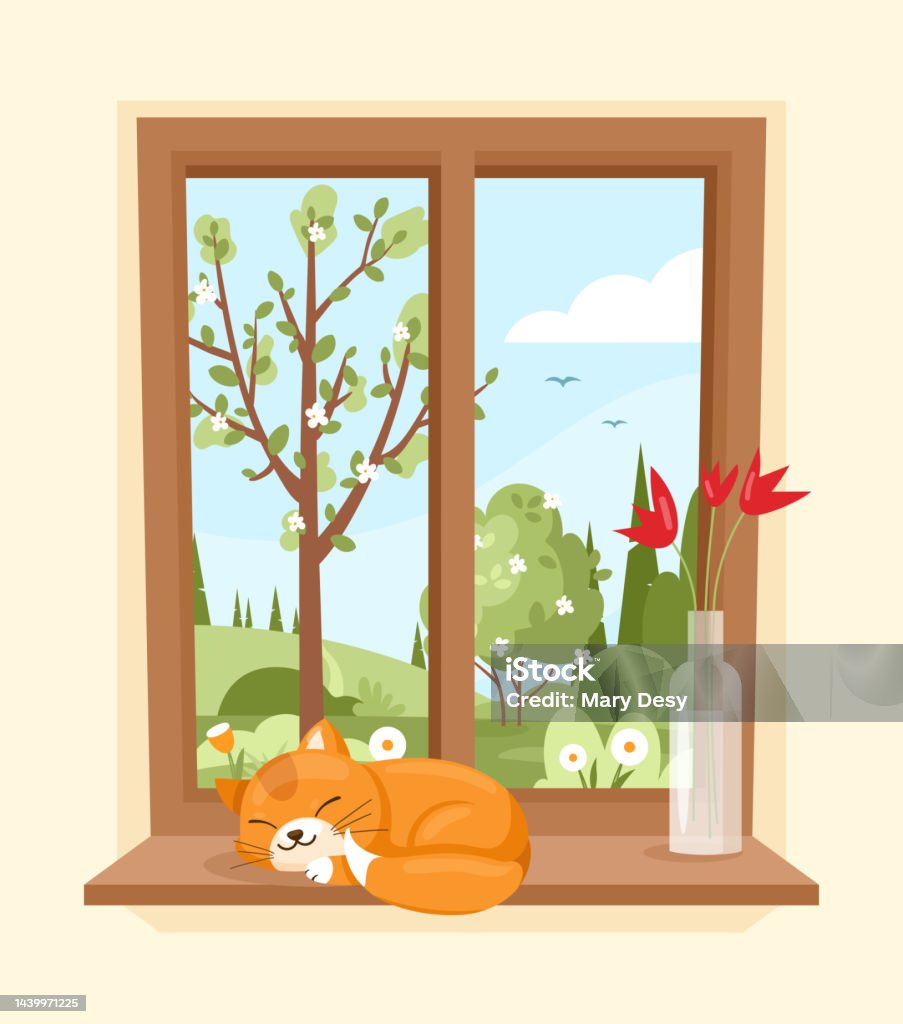 Sill Spring Cartoon Spring Window Stock Illustration - Download Image Now - Cartoon, Window ...