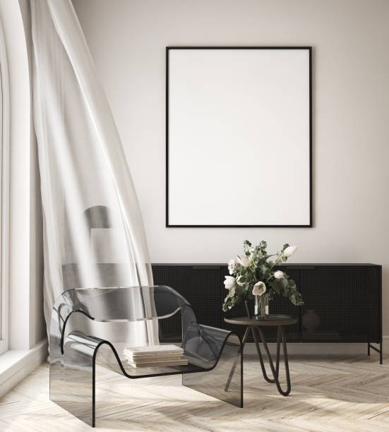 istock mock up poster frame in modern interior background, interior space, living room, Contemporary style, 3D render, 3D illustration 1439971378