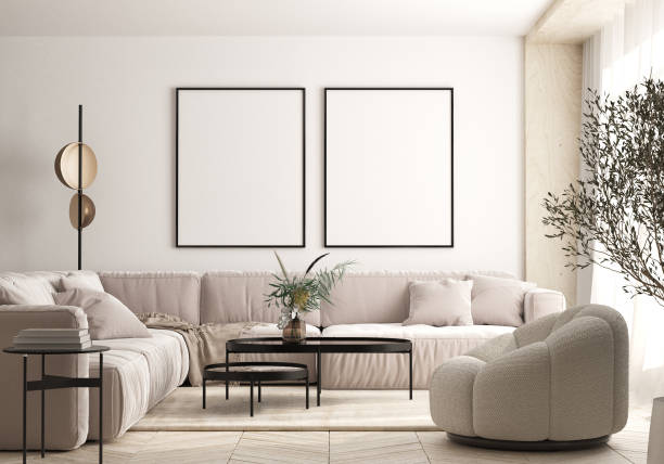 istock mock up poster frame in modern interior background, interior space, living room, Contemporary style, 3D render, 3D illustration 1439971381