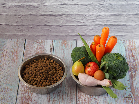 Dry food for dogs or cats versus natural raw food. Two metal bowls: with dry feed and with vegetables, fruits, eggs and meat.