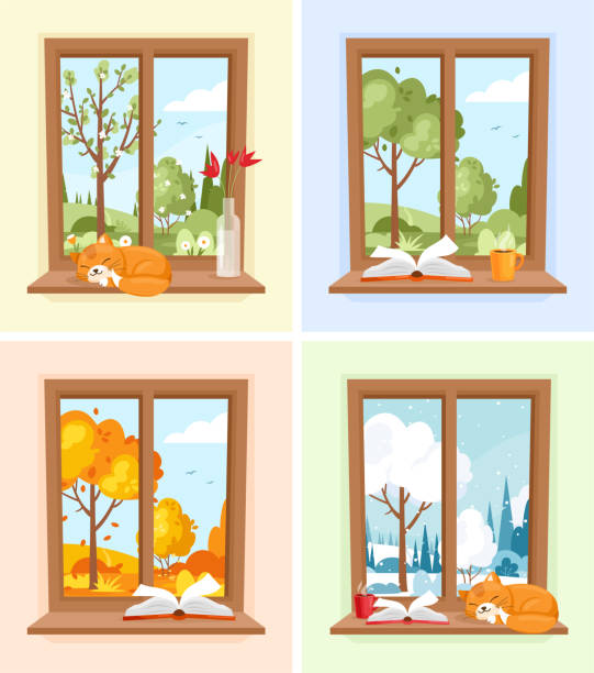 Windows with different seasons and weather landscapes Windows with different seasons and weather landscapes. Vector set of wood windows with view of garden, forest. Landscape with tree, bush, field, hills. Spring, Summer, Autumn, Winter scene. Hygge zills stock illustrations