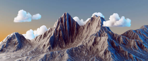 istock 3d rendering, abstract panoramic background. Terrain landscape, white clouds behind the rocky mountains. Fantasy wallpaper 1439973175