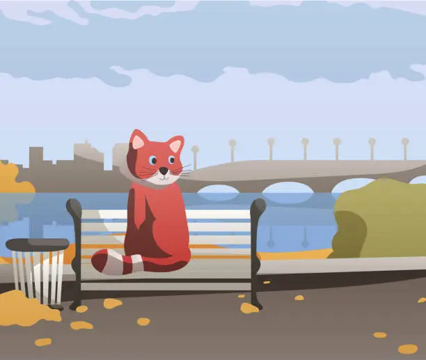 Vector illustration of Illustration of the autumn park. A red panda is sitting on a bench on the embankment. An urban landscape with a bridge, a river and a reflection in it, autumn leaves on the ground. Ready to use eps